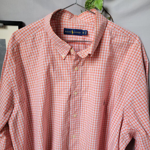 Ralph Lauren Checked Cotton Poplin Oxford Dress Shirt Orange White 3XB 3XL - Picture 3 of 12